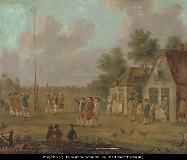 Peasants outside a tavern playing skittles; and Figures outside a tavern by a May pole - (after) David The Younger Teniers