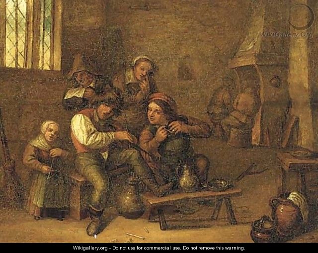 Peasants drinking and smoking in an interior - (after) David The Younger Teniers