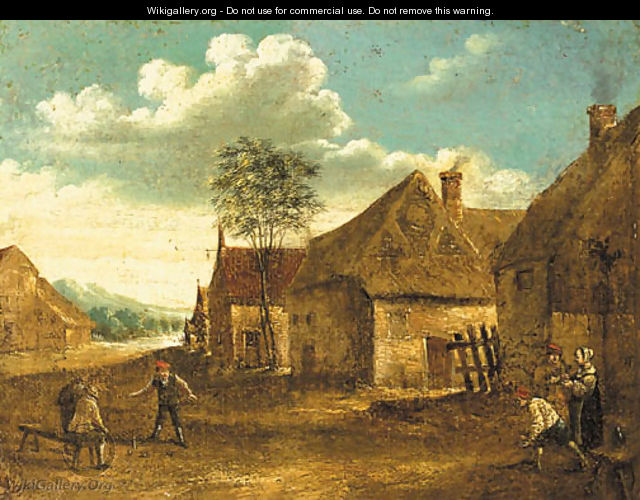 Boors playing at skittle on a farmyard - (after) David The Younger Teniers