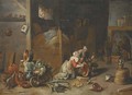 An interior with a maid scourging a pan and talking to a boor, with other peasants smoking and drinking beyond - (after) David The Younger Teniers