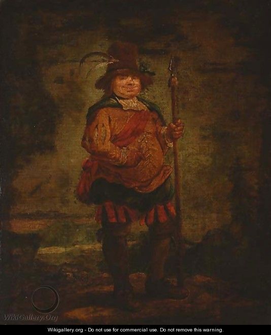 Portrait of a peasant man, standing full-length, wearing a pleated orange doublet and holding a spear - Francisco De Goya y Lucientes