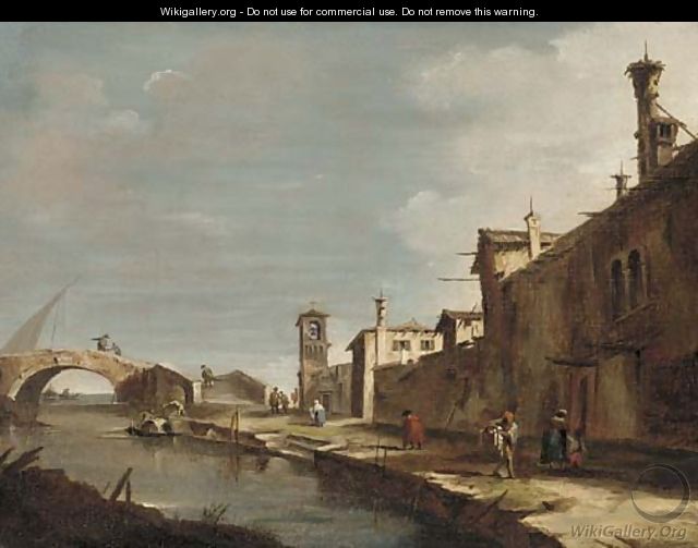 A Venetian canal with figures on a path - (after) Francesco Guardi