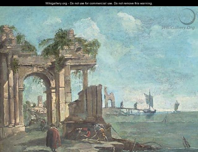 A capriccio of a Mediterranean harbour with figures amongst classical ruins - (after) Francesco Guardi