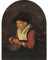 An old woman, sitting on a chair and peeling fruit - (after) Gerrit Dou