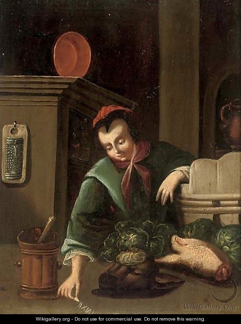 A girl in a kitchen - (after) Gerrit Dou