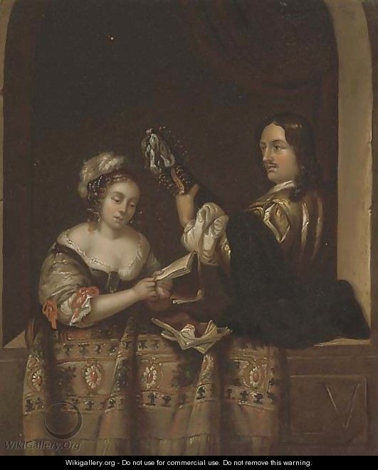 A couple making music at a casement - (after) Gerrit Dou