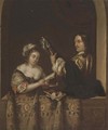 A couple making music at a casement - (after) Gerrit Dou