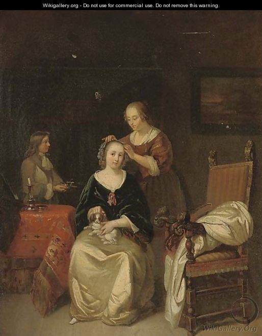 An elegant lady seated at her table with a dog on her lap, a maid tying ribbons in her hair - (after) Gerard Terborch