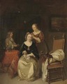 An elegant lady seated at her table with a dog on her lap, a maid tying ribbons in her hair - (after) Gerard Terborch