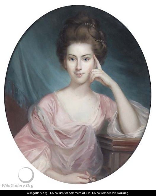 Portrait of a lady, half-length, in a pink dress, holding a miniature - George Romney