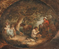 Travellers resting in a wooded landscape, in a painted oval - (after) George Morland