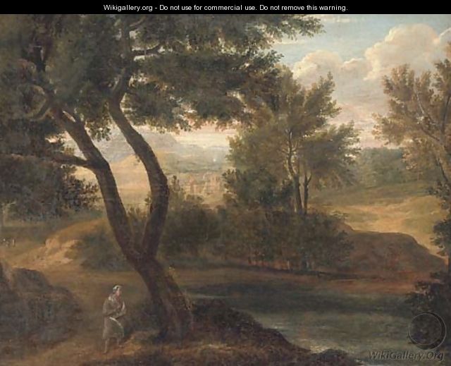 A river landscape with a figure in the foreground, a fortified town beyond - Gaspard Dughet Poussin