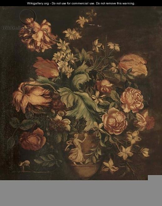 Parrot tulips, roses, narcissi and other flowers in sculpted urn - (after) Gaspar-Pieter The Younger Verbruggen