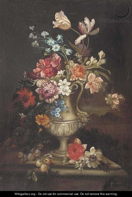Tulips, carnations and other flowers in a vase with a butterfly and a dragonfly on a ledge - (after) Gaspar-Pieter The Younger Verbruggen
