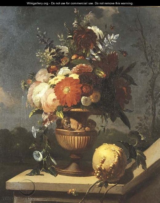 Roses and other flowers in a sculpted vase on a pedestal with an orange lying, an Italianate landscape beyond - Caspar Pieter I Verbrugghen