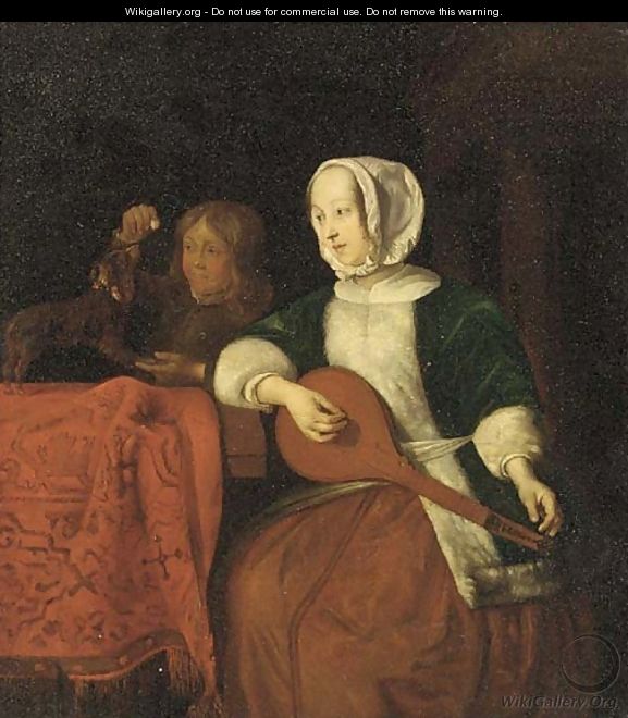 A lady playing a lute with a boy and his dog behind - (after) Gabriel Metsu