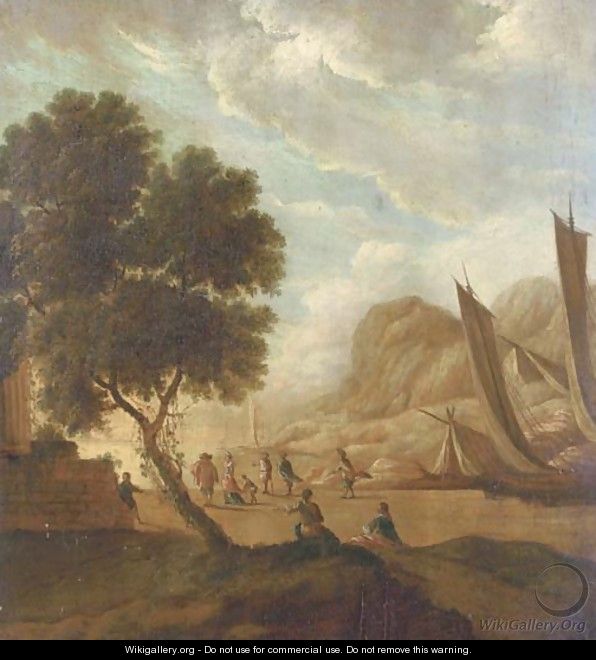 A Mediterranean landscape with elegant figures resting by the shore, moored sailing vessels and a ruin nearby - Franz Ferg