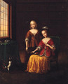 Elegant Ladies With A Toy Spaniel In An Interior - (after) Frans Van Mieris