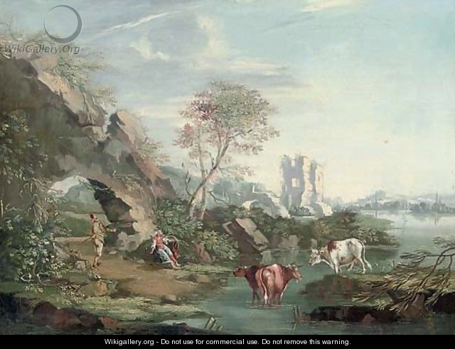 A river landscape with drovers and their cattle resting by an arch - (after) Giuseppe Zais