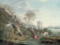 A river landscape with drovers and their cattle resting by an arch - (after) Giuseppe Zais