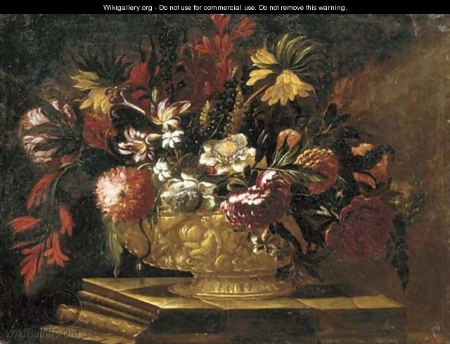 Flowers in a decorative gold vase on a stone plinth - (after) Giuseppe Recco