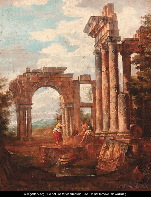 Capricci of Roman ruins with soldiers and travellers resting - (after) Giovanni Paolo Panini
