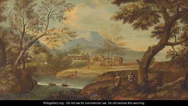 A wooded river landscape with fishermen and other figures - (after) Giovanni Battista Basiri