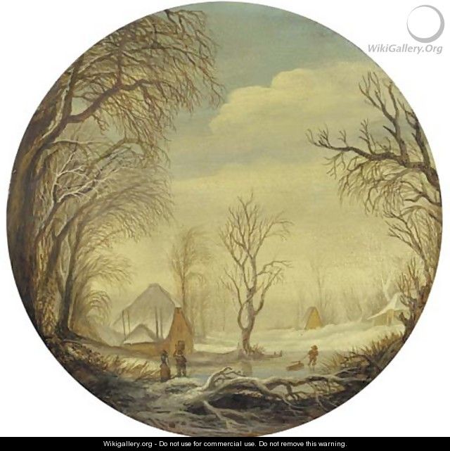 A winter landscape with figures on the ice, a farm beyond - (after) Gijsbrecht Leytens