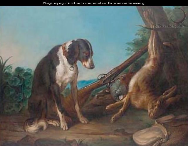 A dead hare and game birds in a clearing with a rifle and a dog - (after) Alexandre-Francois Desportes