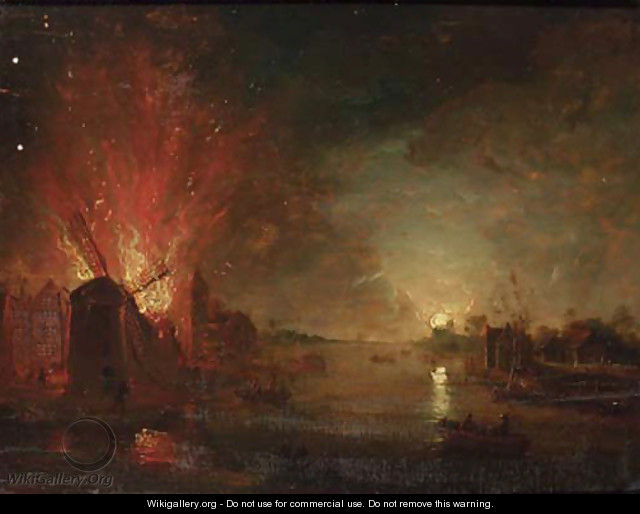 A mill on fire on a riverbank, by moonlight - (after) Aert Van Der Neer