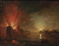 A mill on fire on a riverbank, by moonlight - (after) Aert Van Der Neer