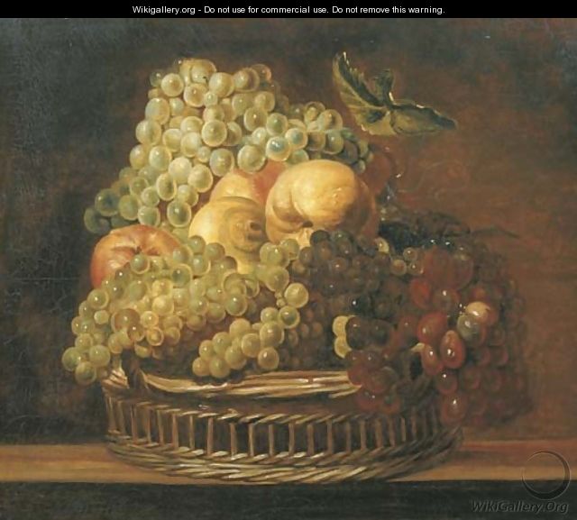Grapes, apples, a peach and a lemon in a wicker basket on a wooden ledge - (after) Adriaen Van Utrecht
