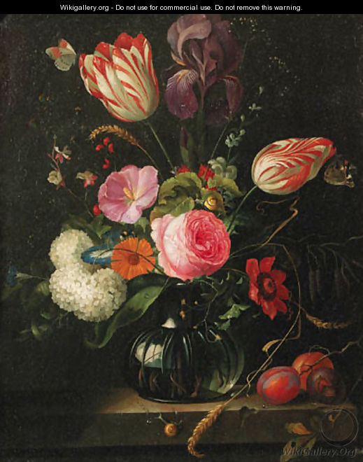 Tulips, roses, ears of corn, snowballs and other flowers in a glass vase with a branch of plums on a stone ledge, butterflies and snails - (after) Abraham Mignon