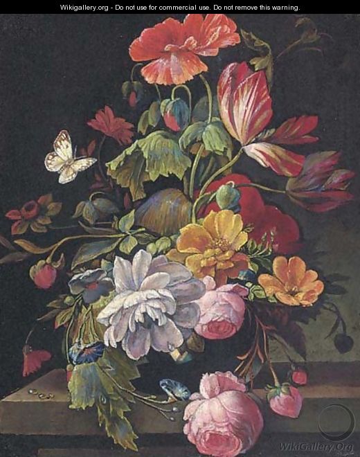 Roses, parrot tulips, poppies and other flowers in a vase on a stone ledge - (after) Abraham Mignon
