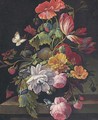 Roses, parrot tulips, poppies and other flowers in a vase on a stone ledge - (after) Abraham Mignon