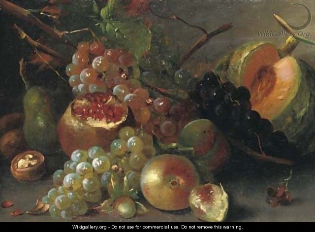 Grapes, a melon, cherries, a walnut, a pomegranate and other fruits on a wooden ledge - (after) Abraham Brueghel