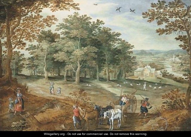 A wooded landscape with travellers and a cart - Maerten Ryckaert