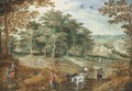 A wooded landscape with travellers and a cart - Maerten Ryckaert