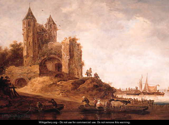 Peasants and cattle on a ferry near a landing stage by a ruined city gate, sailing vessels in a harbour beyond, on a cloudy day - Maerten Fransz. Van Der Hulft