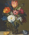 Mixed flowers in a glass vase, with a parrot tulip and a shell on a ledge - (after) Balthasar Van Der Ast