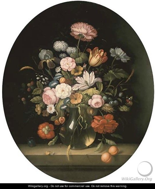 Roses, tulips, morning glory, berries and fruit in a glass jug with a butterfly, a dragonfly and a snail on a ledge - (after) Balthasar Van Der Ast