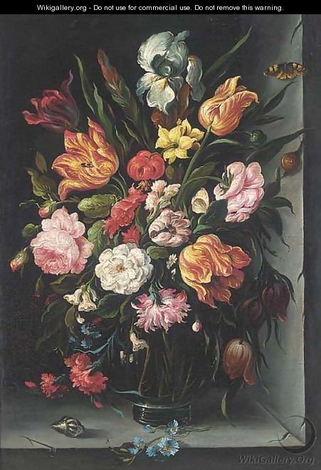 Roses, tulips, carnations, morning glory and other flowers in a glass vase with a butterfly, a snail and a shell on a ledge - (after) Balthasar Van Der Ast