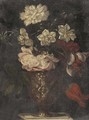 A rose, carnation, narcissi and other flowers in a vase on a table - (after) Balthasar Van Der Ast