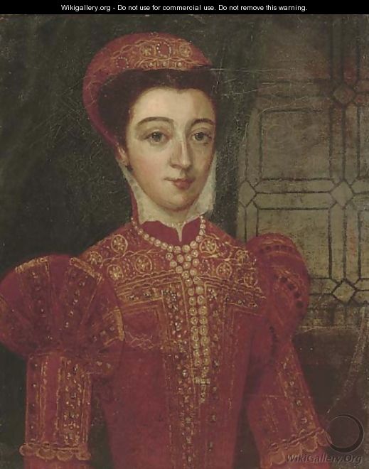 Portrait of a lady, half-length, in a red embroidered doublet and pearls - (after) Antonis Mor