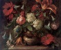 Roses, carnations, morning glory and a tulip in a vase on a ledge - (after) Antonio Mezzadri