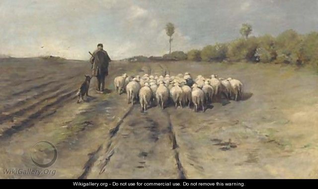 A shepherd leading his flock home - (after) Anton Mauve