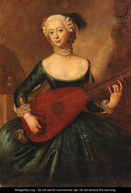 Portrait of a lady, three-quarter-length, in a blue dress, playing a lute - Antoine Pesne