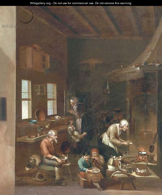 A woman frying pancakes on an open fire, children eating and other figures preparing food in a kitchen - (after) Anthonie Victorijns