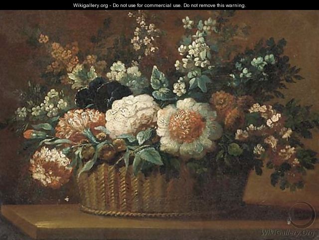 Carnations, roses and other flowers in a basket on a ledge 2 - (after) Anne Vallayer-Coster