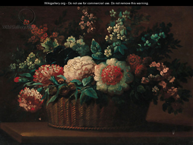 Carnations, roses and other flowers in a basket on a ledge - (after) Anne Vallayer-Coster